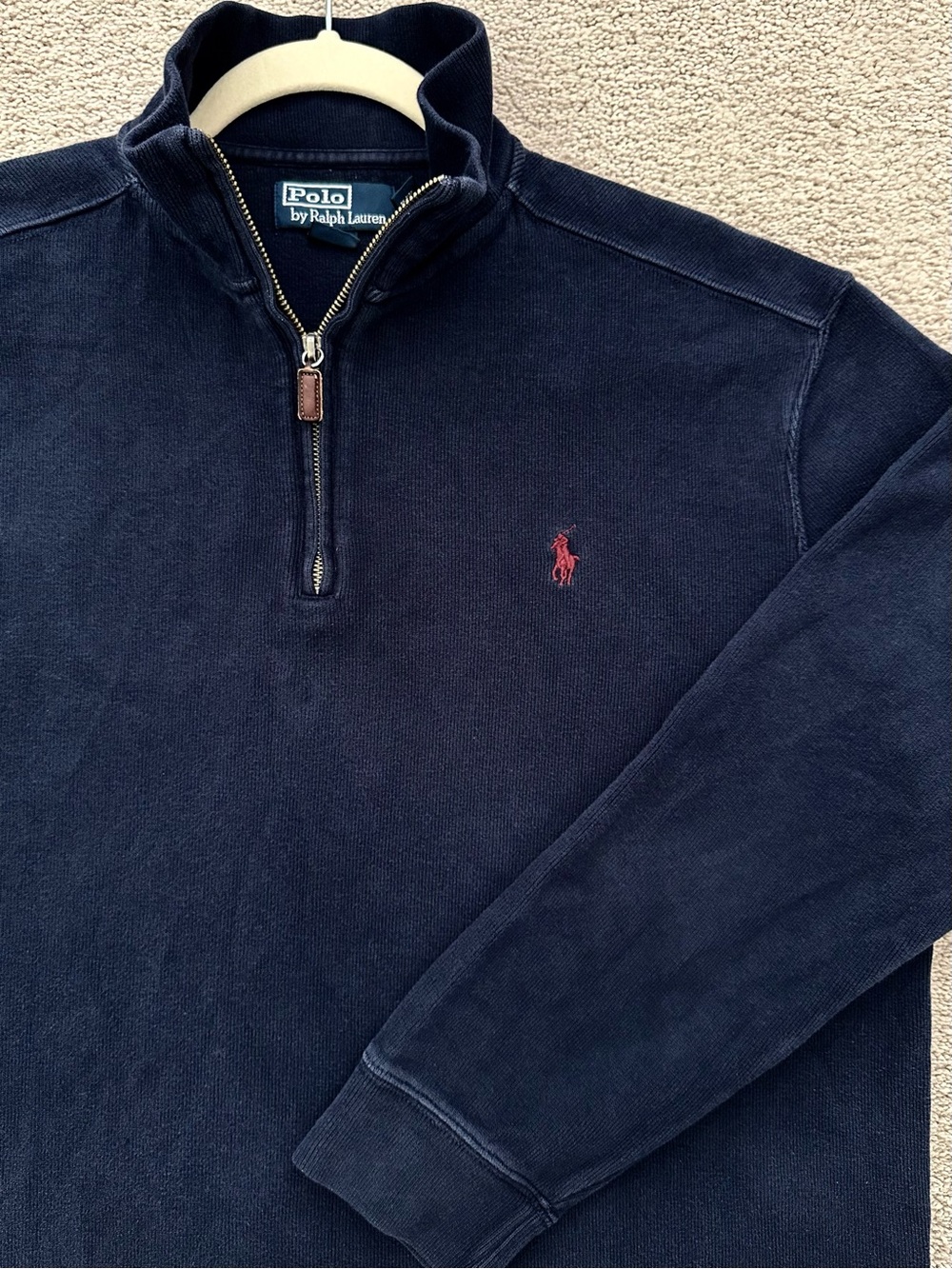 Polo Ralph Lauren Navy Quarter Zip Sweater /Sweatshirt with Burgundy Red Pony